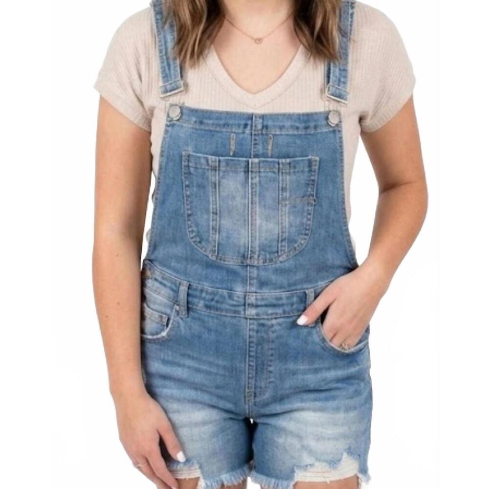 NEW RISEN lena distressed denim overalls in blue